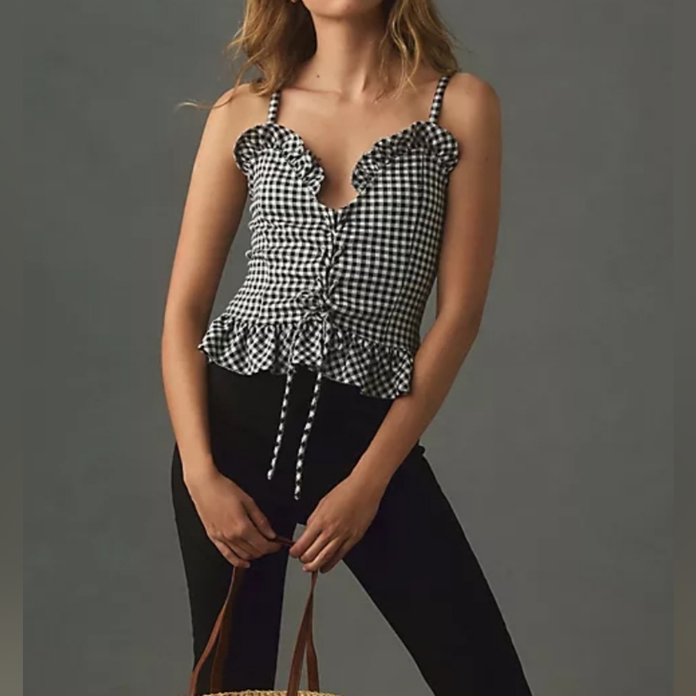 COPY - ANTHROPOLOGIE BLUE TASSEL GINGHAM PEPLUM TANK